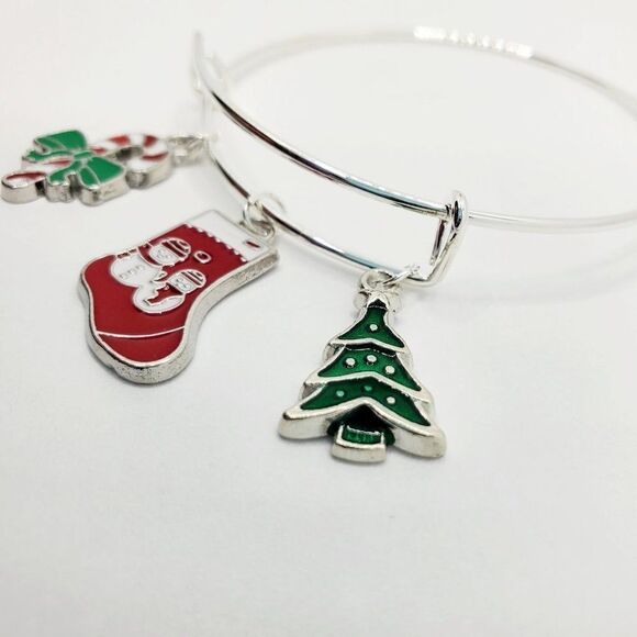 Silver Christmas Charm Bracelet, Candy Cane, Stocking, and Tree Charms - Picture 8 of 11